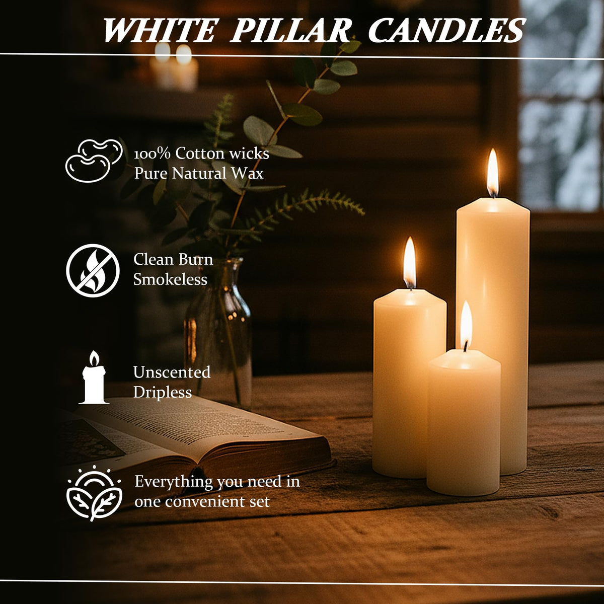 Veiuwa 18 Pcs White Pillar Candles Bulk Set，Hurricane Candles，2x3 2x4 2x6 Inch - 12 Each Size，Dripless Unscented Smokeless，Gives You a Better Atmosphere When Organizing an Event Party.