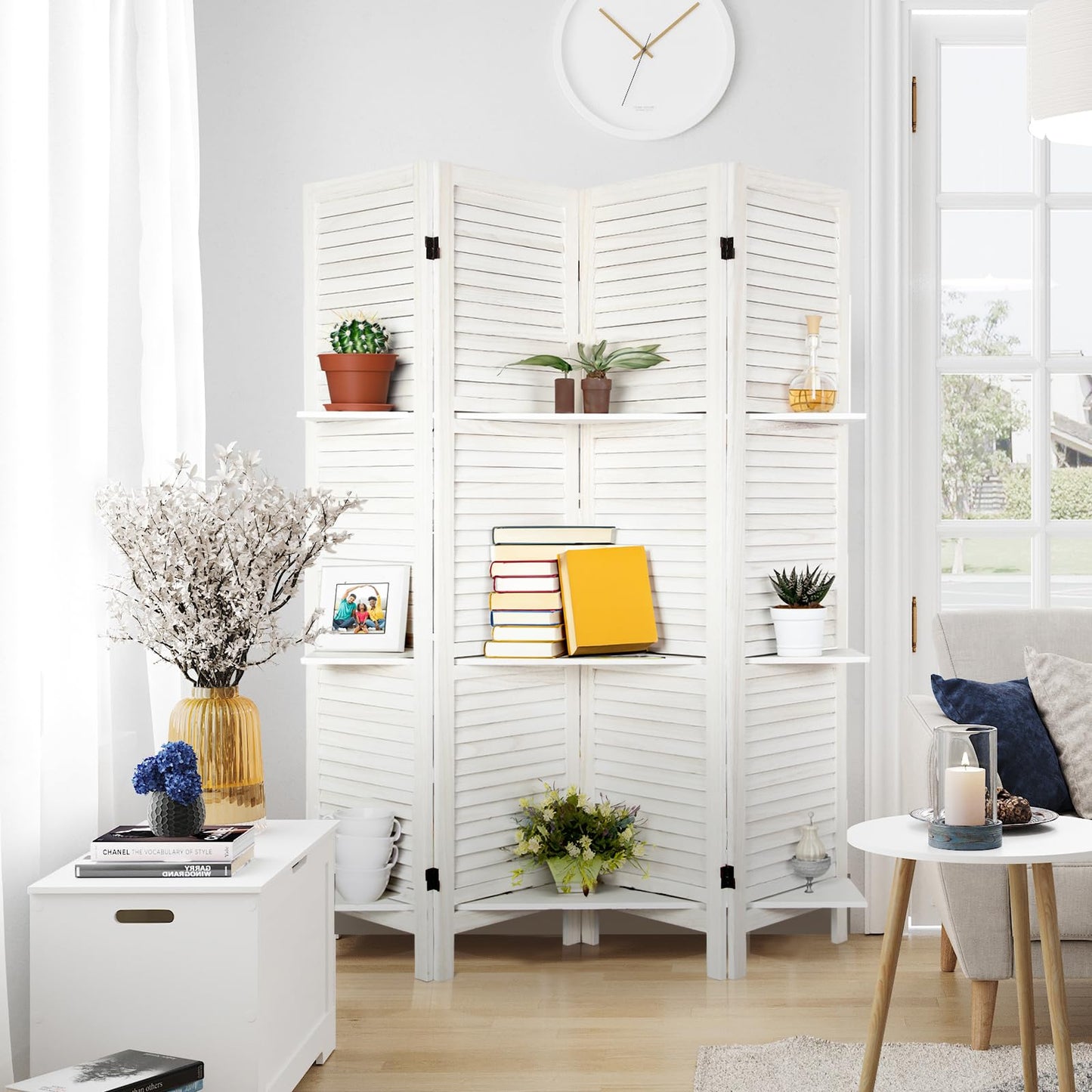 ECOMEX Room Divider with Shelves, 4 Panel White Room Divider, Room Dividers and Folding Privacy Screens, Portable Wooden Room Dividers and Partitions for Bedroom, Home Office, Studio (Warm White)