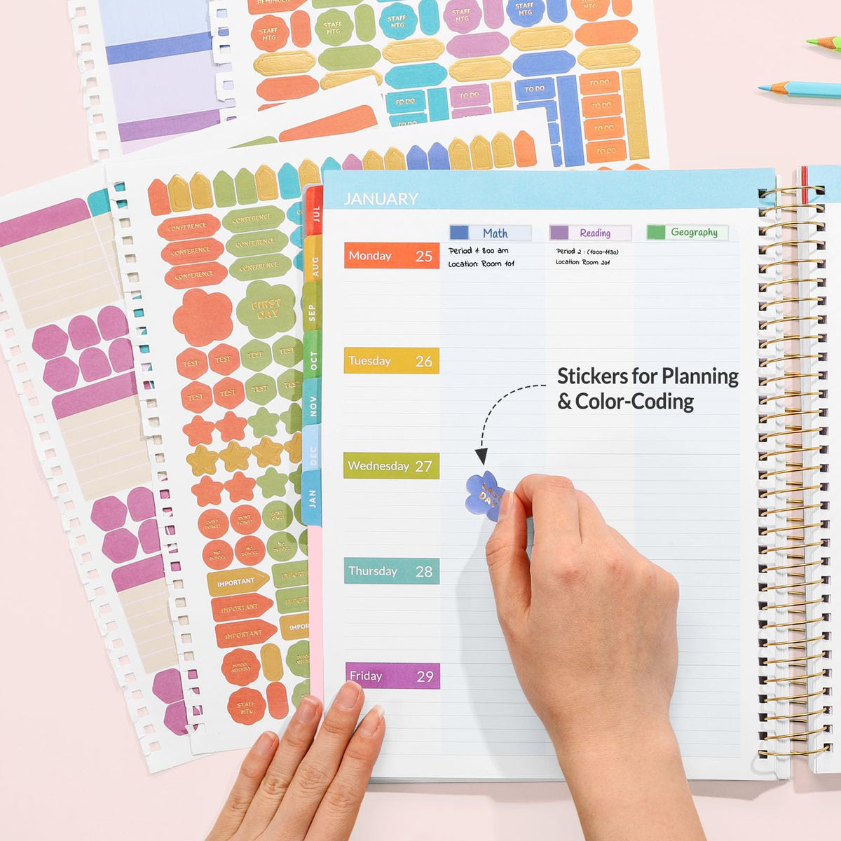 SUNEE Deluxe Teacher Planner 2026-2027, Lesson Planner Book with 7 Periods Jul 2026 - Jun 2027, 8.5" x 11" Weekly and Monthly Organizers with Colorful Tabs, Planning Stickers,120gms Paper, Pink Marble