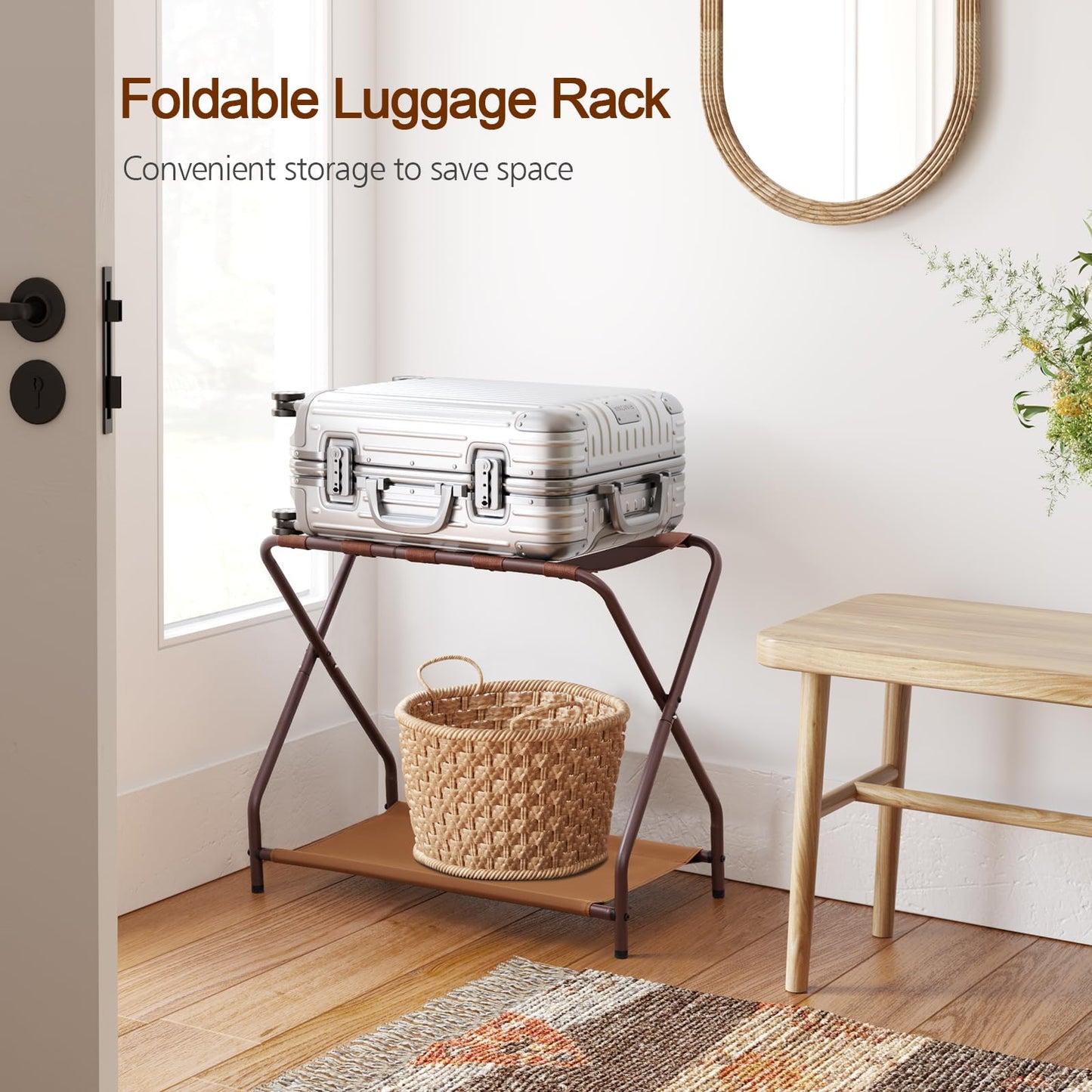 AMHANCIBLE Luggage Rack, Set of 2, Foldable Suitcase Stands for Guest Room, Metal Luggage Holder with Storage Shelf for Bedroom, Hotel, Easy Assemble, Bronz HLR02BZ