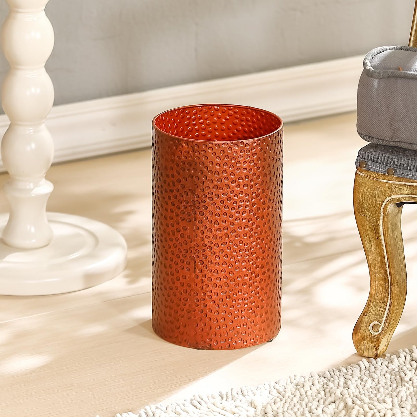 Wenbery Hand-Hammered Antique Copper Metal Trash Can, Small Decorative Wastebasket for Bathroom, Bedroom, Office, Kitchen & Dorm - Durable Round Garbage Bin, 7" W X 7" L X 12" H