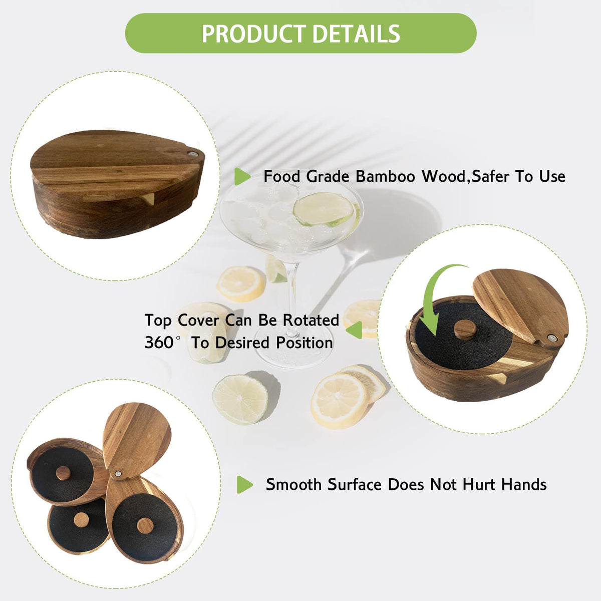 Hfpengzan Margarita Salt Rimmer Set, 3 Tier Bar Glass Rimmer Brown Bamboo Sugar and Salt Rimmer Box with 3 Sponges for Manhattan Drinks Bar Party Accessories Cocktail Bartender Tool