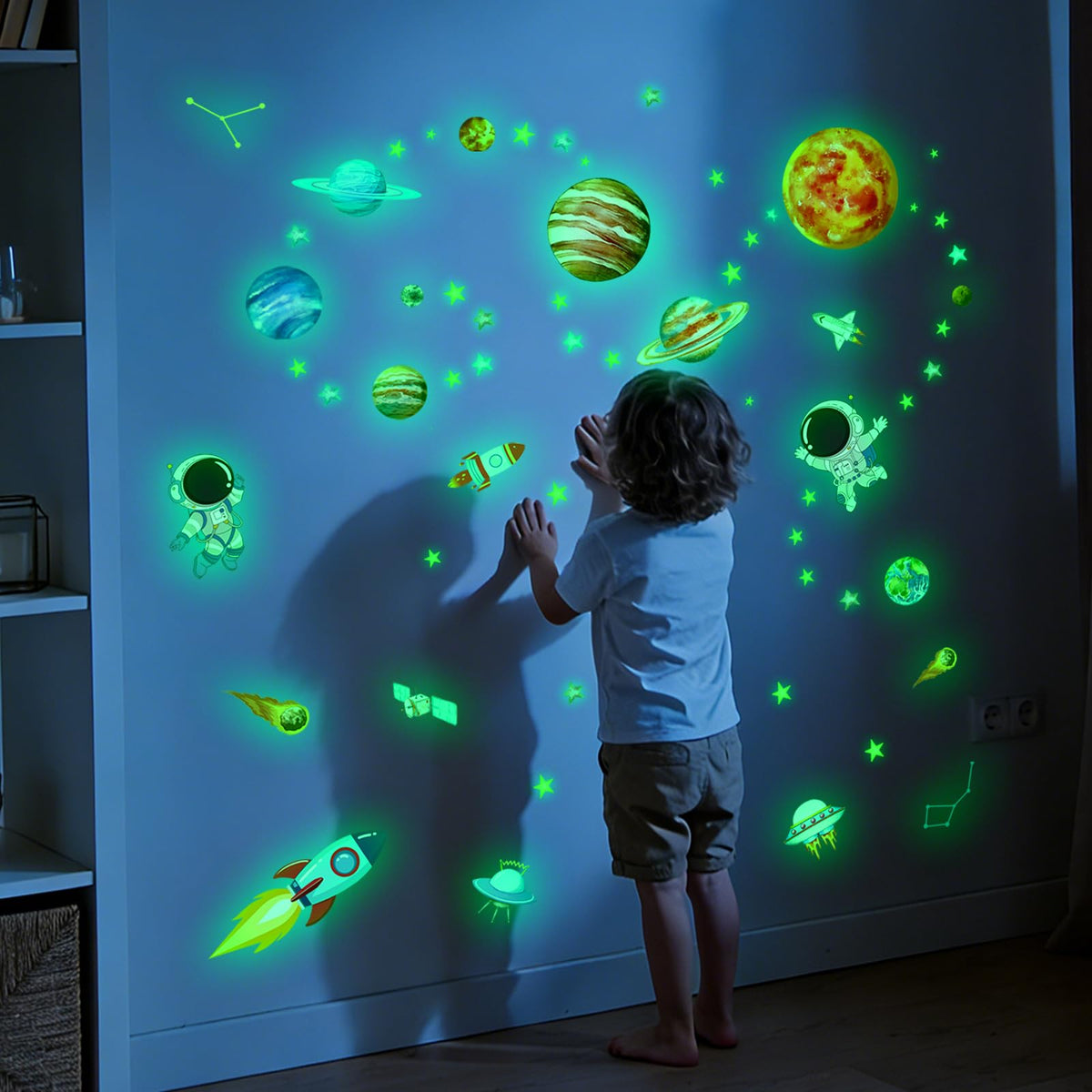 Glow in the Dark Space Astronaut Wall Stickers Luminous Planets with Stars Decals Self-Adhesive Peel and Stick for Kids Room Nursery