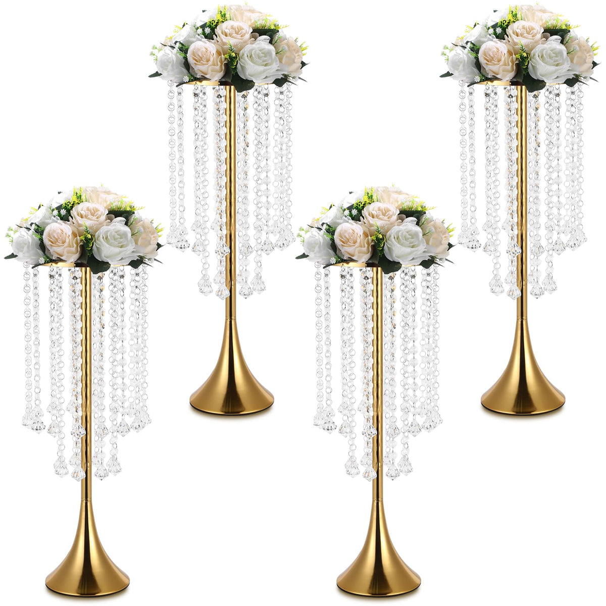 4 Pcs Gold Centerpieces for Table, Rozrety Wedding Centerpiece Vases for Tables 22inch Tall Metal Crystal Flower Stand for Party Event Wedding Anniversary Dinner Home Decorations
