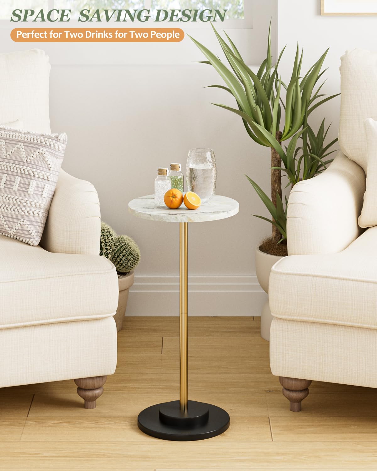 Round Side Table, Small Drink Table for Small Spaces, Modern Accent End Table with Metal Leg for Living Room, Bedroom, Corners, and Office (Marble)