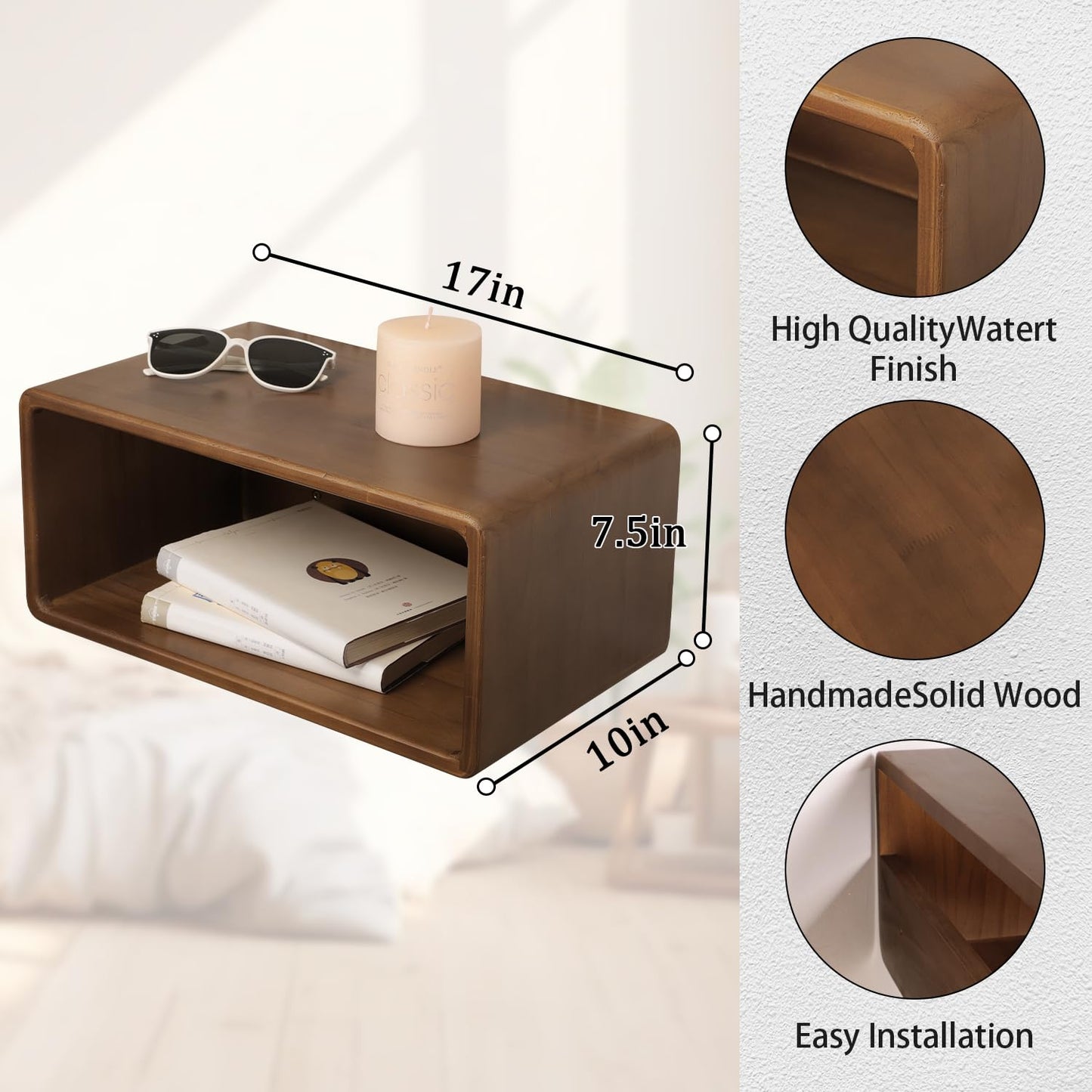 WDSHIYI Floating Nightstand, Wall Mounted Bedside Shelf, Handmade Bedroom Furniture,Pine Wood Floating Bedside Table, Minimalist and Unique Style 18”x 10”x 7.5” Brown