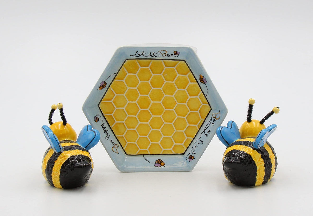 Appletree 2-Inch Ceramic Bee Salt and Pepper with Honeycombed Tray, Yellow