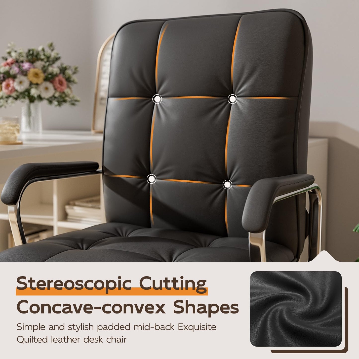HomeZeer Black Office Chair, Mid Back Leather Desk Chair with Wheels and Padded Arms, Swivel Vanity Chair for Bedroom, Computer Chair for Study and Work