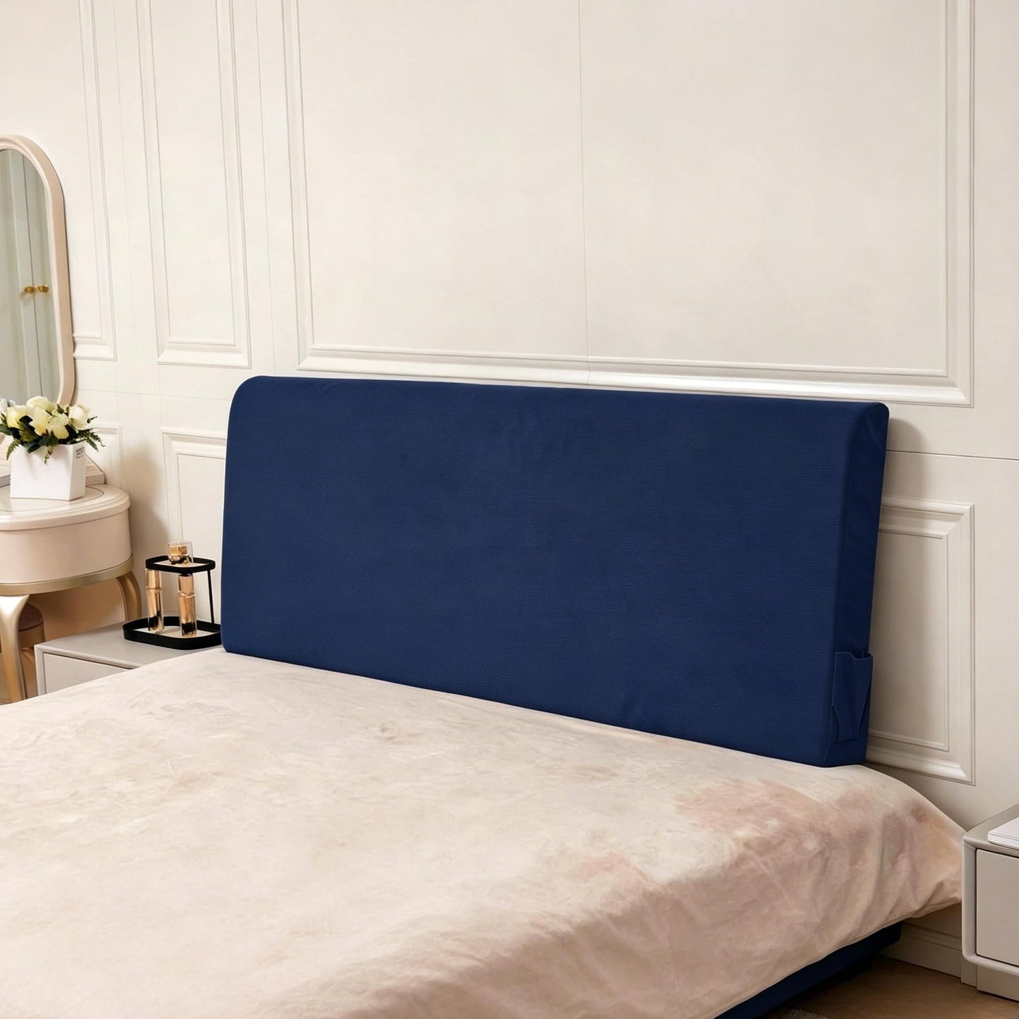 Upholstered Cotton Velvet Full Headboard No Assembly Required Direct Installation, Soft Headboard with Storage Pocket, Removable Washable Cover, 3D Soundproof Bed Wall Panels, 54x4x24, Navy Blue