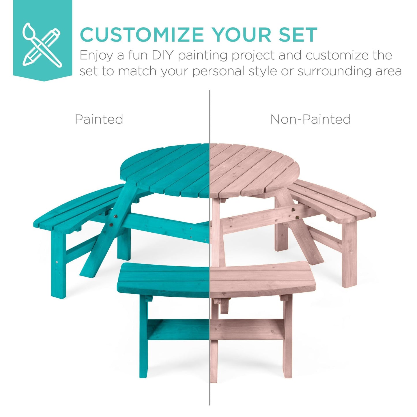 Best Choice Products 6-Person Circular Outdoor Wooden Picnic Table for Patio, Backyard, Garden, DIY w/ 3 Built-in Benches, 500lb Capacity - Rose Quartz
