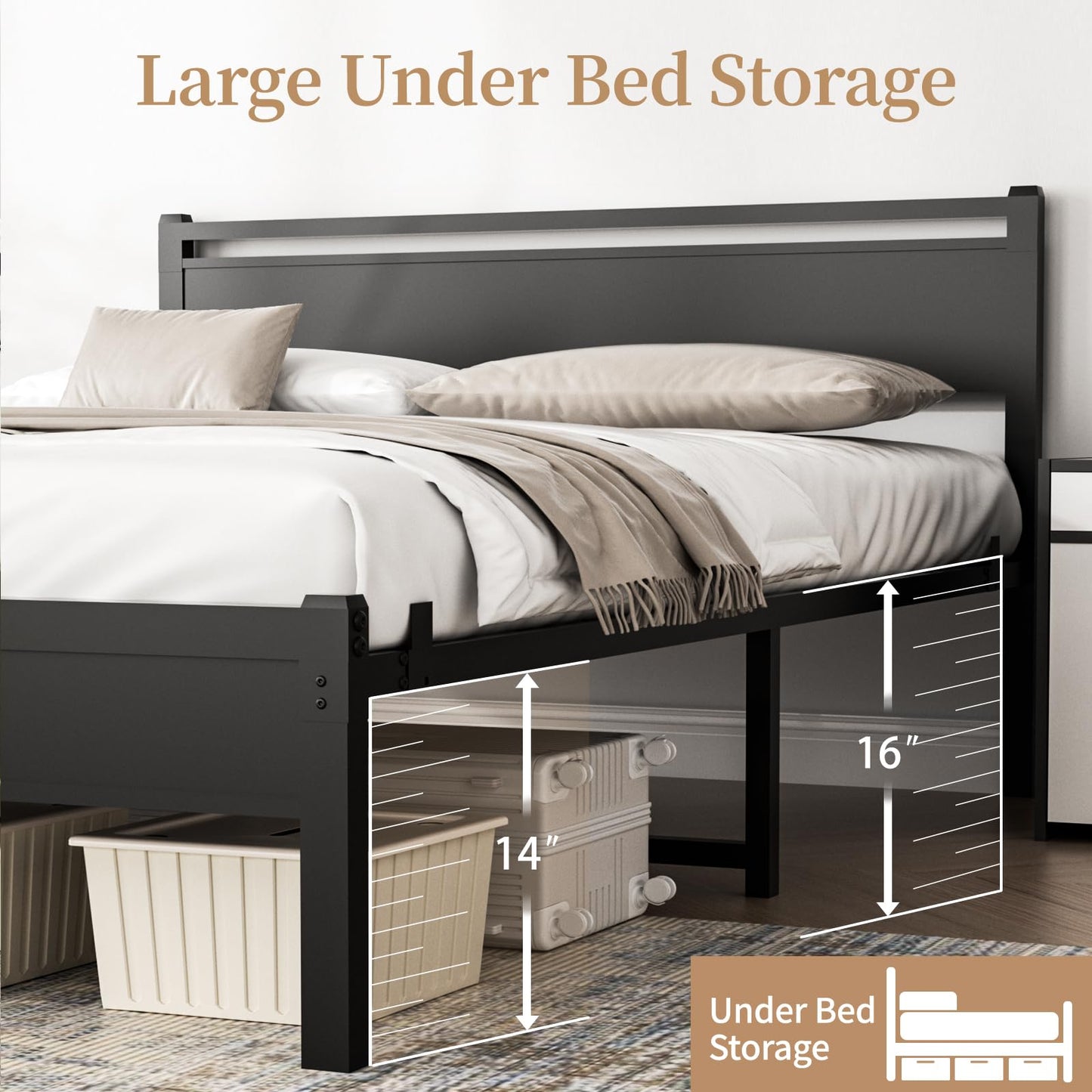 Easy Install 16 Inch Full Size Bed Frame,Metal Platform Bed Frame with Wooden Headboard and Footboard,Mattress Foundation,Large Under Bed Storage,No Box Spring Needed,Non-Slip Without Noise,Black