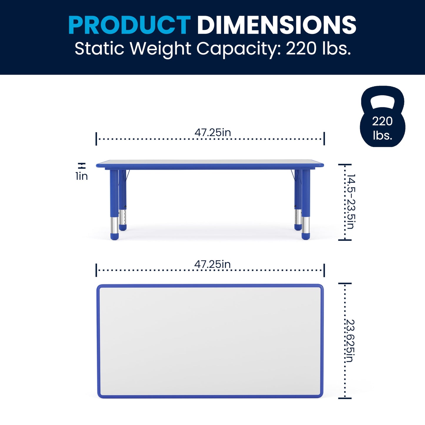 Flash Furniture Wren Adjustable Classroom Activity Table for School and Home, Plastic Activity Table for Kids, 23.625" W x 47.25" L, Gray/Blue
