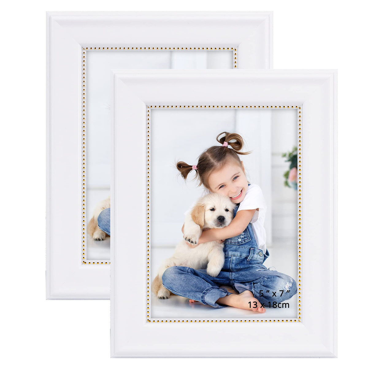 GraduationMall 5x7 Picture Frames, Real Glass, Display Photos for Wall or Tabletop, White with Gold Beads, 2-Pack