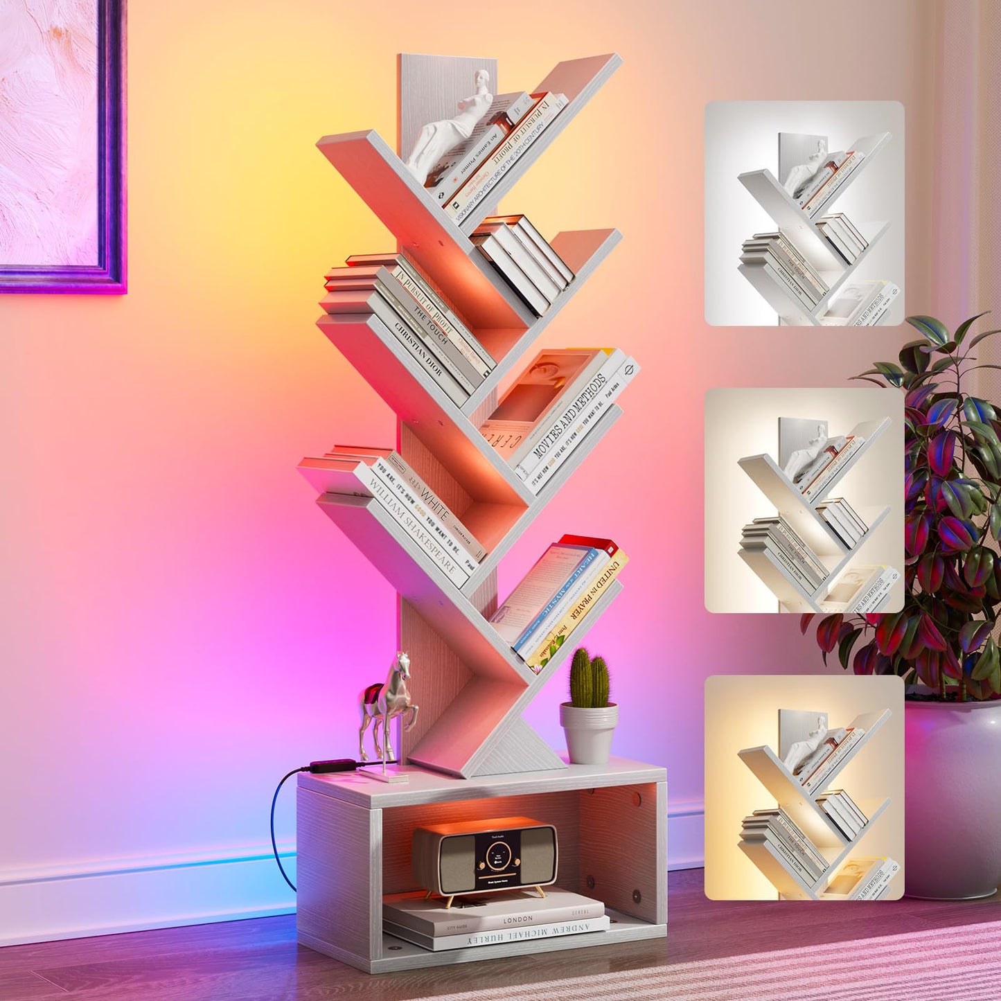 Evermagin 6 Tier Tree Bookshelf with Lights, LED Book Tree Bookcase with Storage Organizer, Small Corner Bookshelf Floor Standing Book Shelf for Living Room, Bedroom & Home Office, White