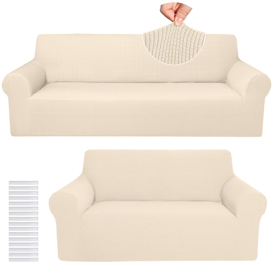 Peryiter 2 Pcs Sofa Covers Couch and Loveseat Covers Set Stretch Sofa Slipcover for Living Room Armchair Furniture Protector, Wrinkle Proof(Beige,Jacquard)