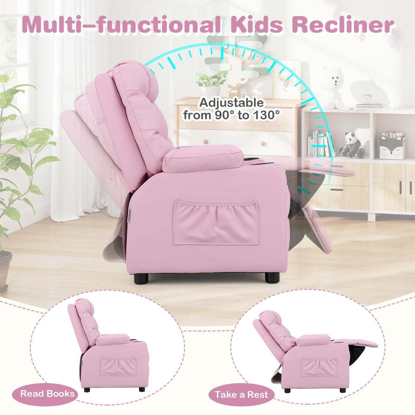 Costzon Kids Recliner Chair with Cup Holder, Adjustable Lounge Chair w/Footrest & Side Pockets for Children Boys Girls Room, Ergonomic Toddler Furniture Sofa, Kids Pink Recliner (Pink)