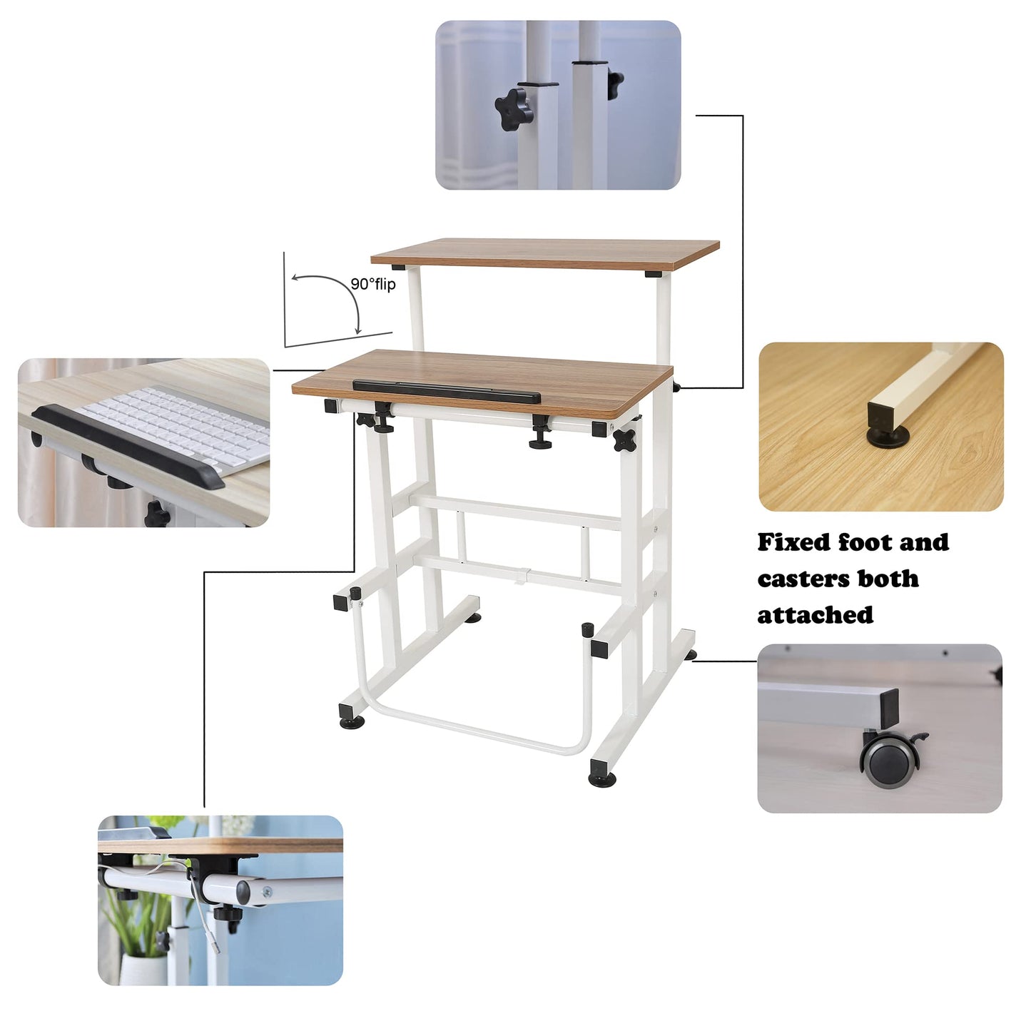 SDADI L101XWFDT Adjustable-Height Steel-Framed Mobile Standing Office Computer Desk with 2 Tiers and Lockable Caster Wheels, Dark Grain