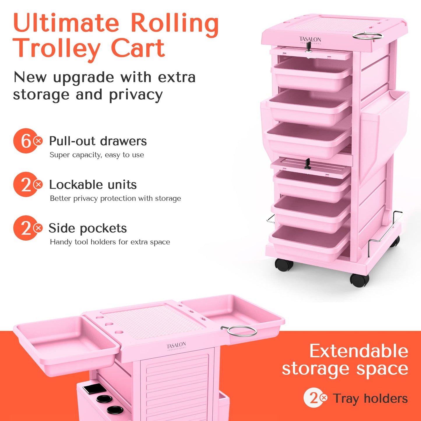 TASALON Professional Salon Trolley Cart, Lockable 6 Trays & 2 Holders, Space Saving Mobile Storage for Hair Salon and Beauty Station - Pink