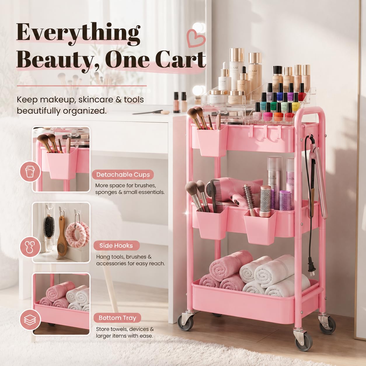 3 Tier Rolling Cart Metal with Lockable Wheels, Pink Three Tiered Diaper Caddy Cart Organizer on Wheels, Storage Utility Trolley Carts for Craft, Art, Nail, Lash, Baby Supplies, Cleaning, Mesh