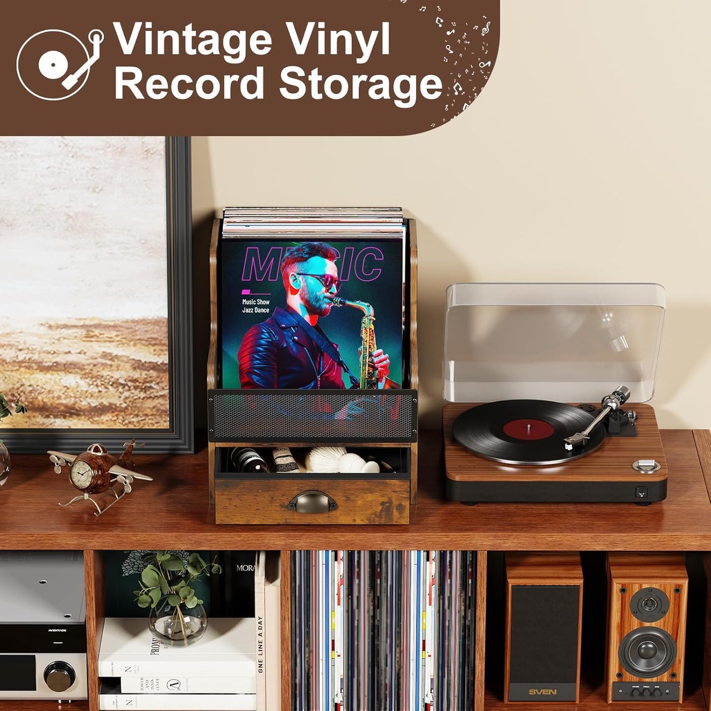 JunVpic Vinyl Record Storage Crate with Drawer – Wooden & Metal LP Record Holder Box for Home, Desktop & Music Room, Holds 100+ Vinyl Albums, Books, and Files