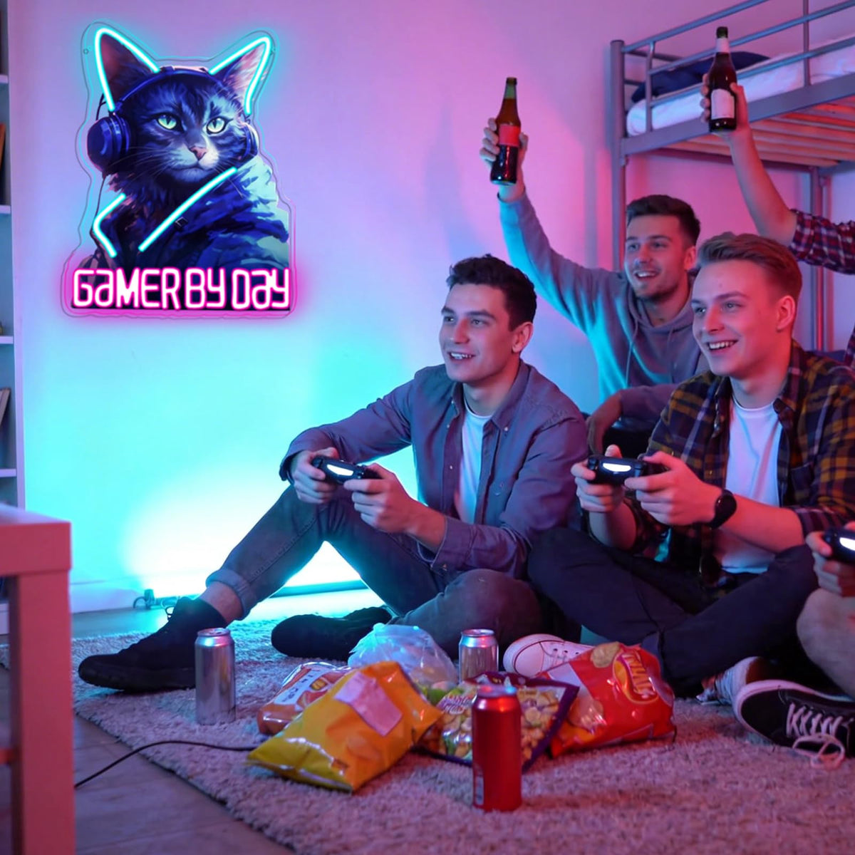 RuCvixkt Gamer By Day Cat Neon Sign, Cool Gaming Cat LED Light, Neon Signs Wall Decor for Game Room, Man Cave, Bedroom, Bar, Gift for Boys Girls Birthday Party Christmas
