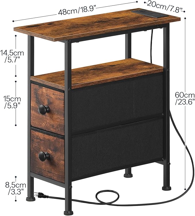 HOOBRO End Table with Charging Station, Narrow Side Table with 2 Fabric Drawers