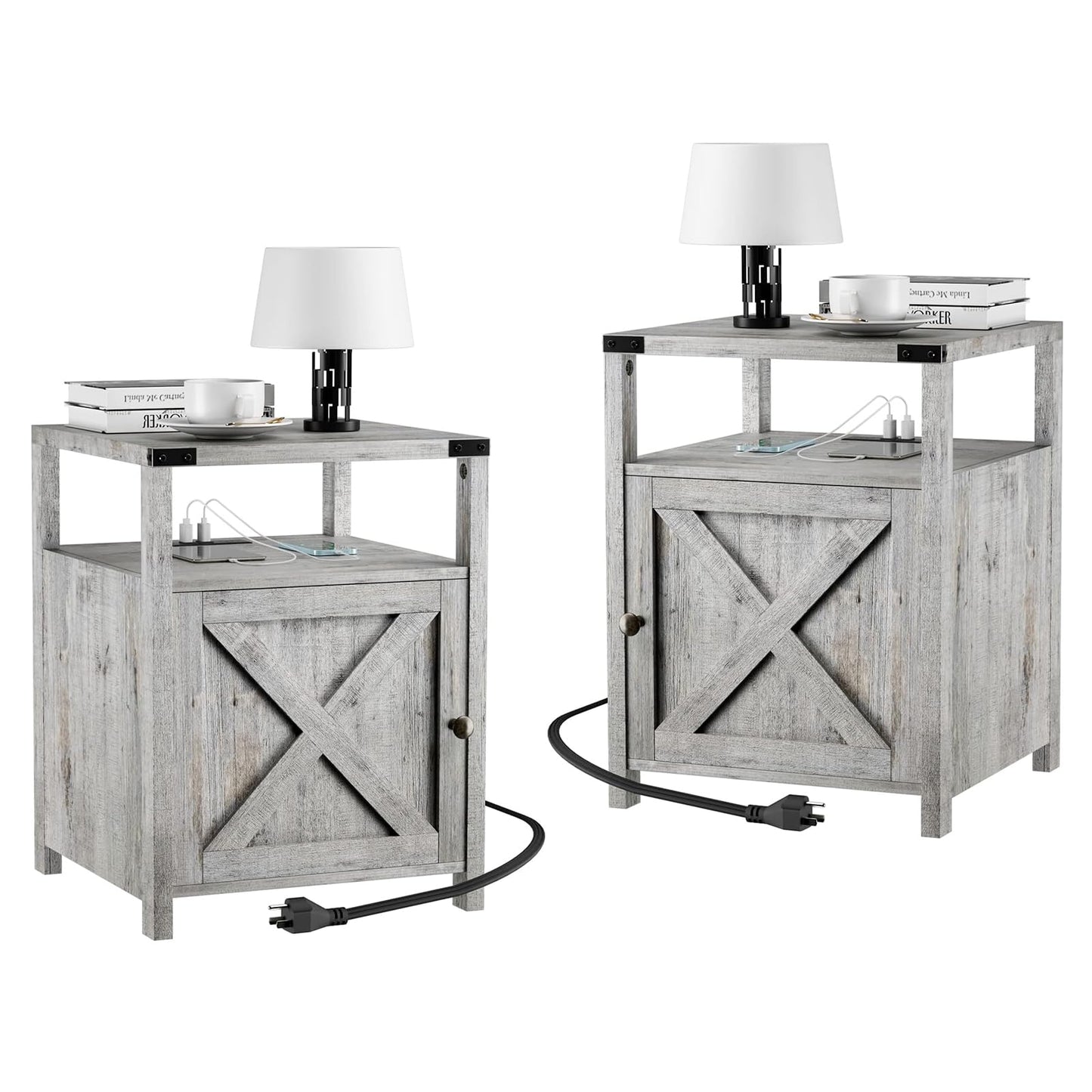 HOSEOKA Farmhouse Nightstand Set of 2 with Charging Station, Rustic End Table Bedroom with Storage Living Room Side Table Grayish White Night Stand Industrial Bedside Table