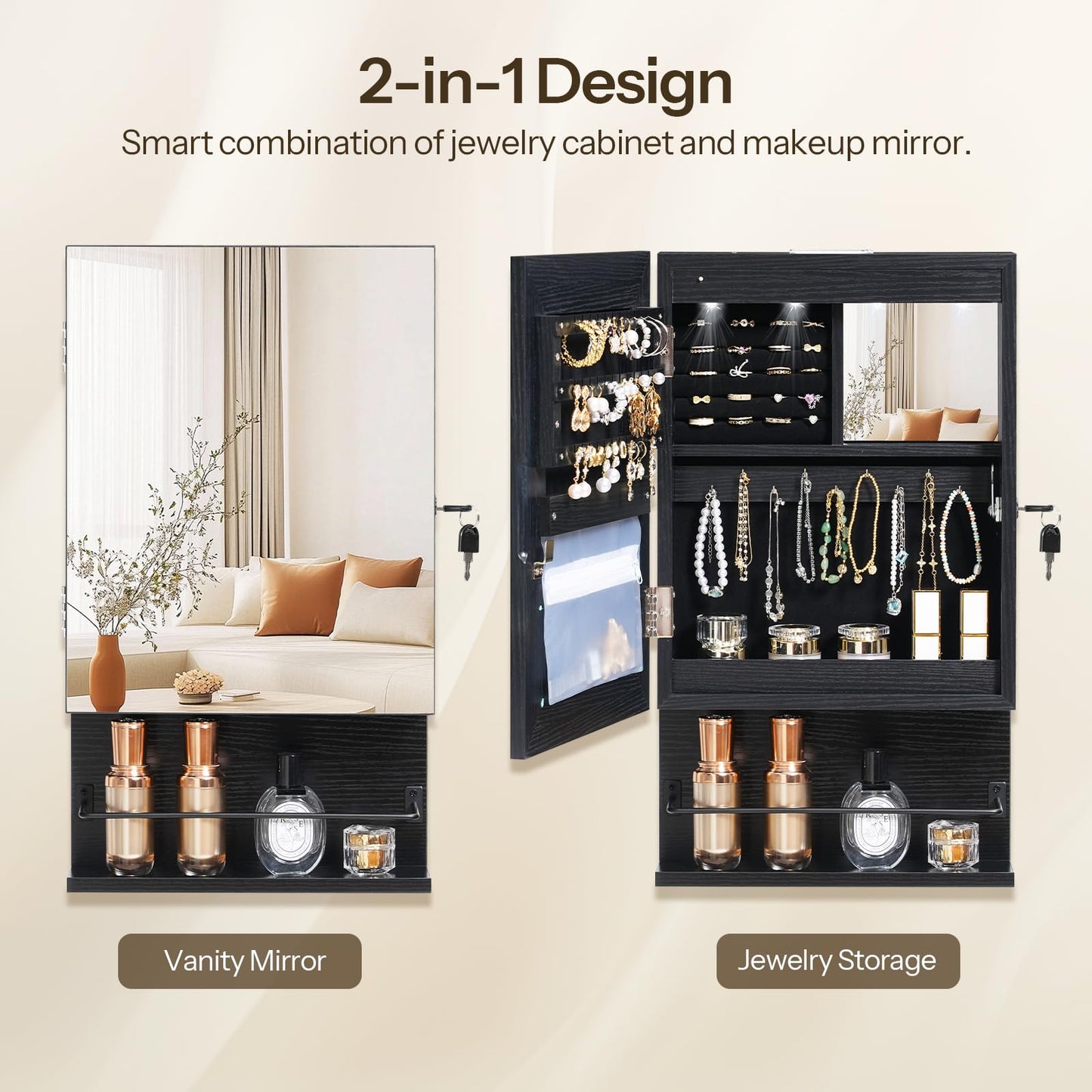 HOOBRO Wall Mounted Jewelry Cabinet, LED Jewelry Armoire with Interior Mirror, Hanging Jewelry Organizer for Wall, Lockable Jewelry Storage Cabinet, 3.9 x 11.8 x 20.9 Inches, Black