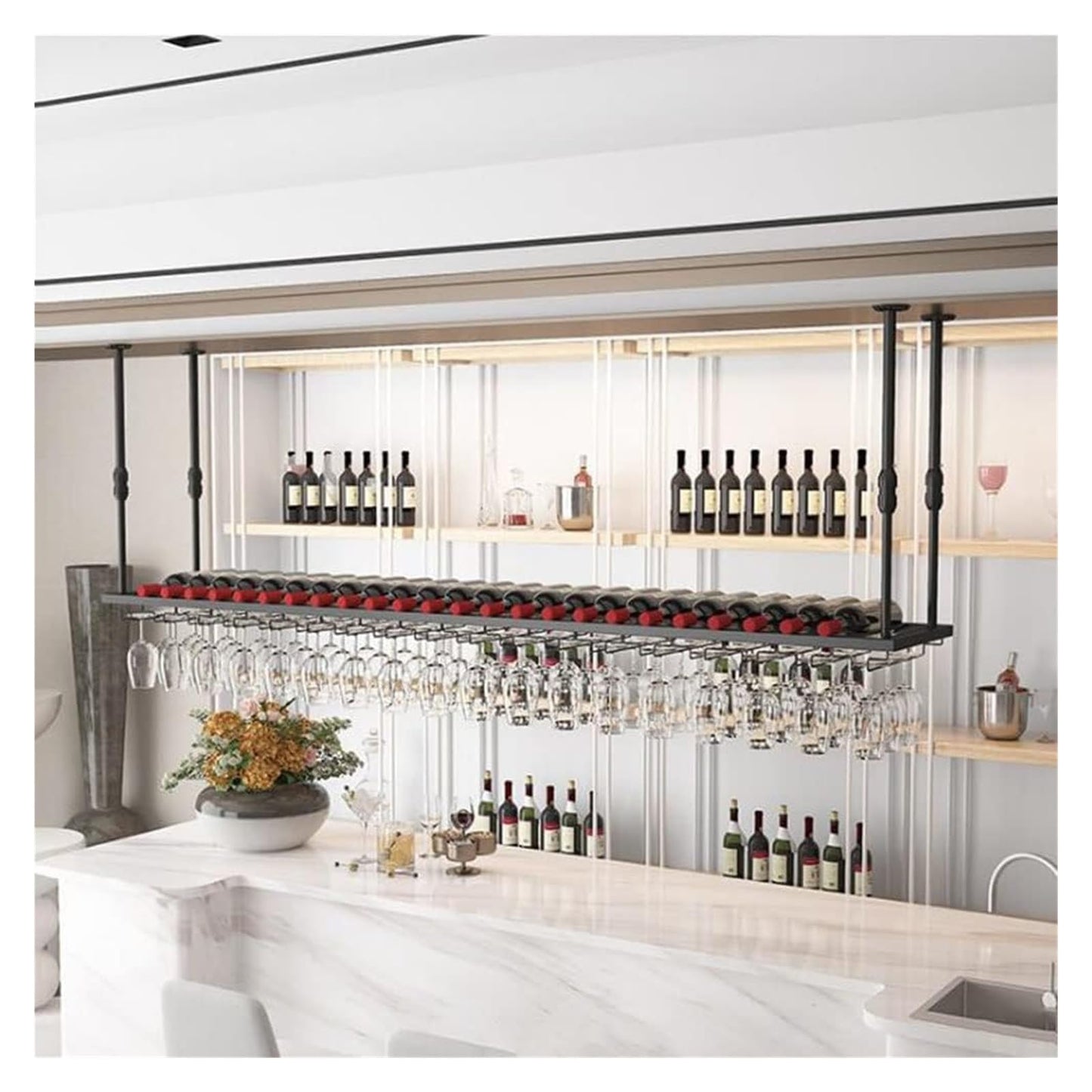 PHLEPS Ceiling Wine Glass Rack, Hanging Wine Rack 11.8-23.6 Inch Height Adjustable Bottle Holder Wine Shelf 2 in 1Industrial Wall Mounted Wine and Glass Rack Perfect for Bar Cafe Kitchen (Color : Bla