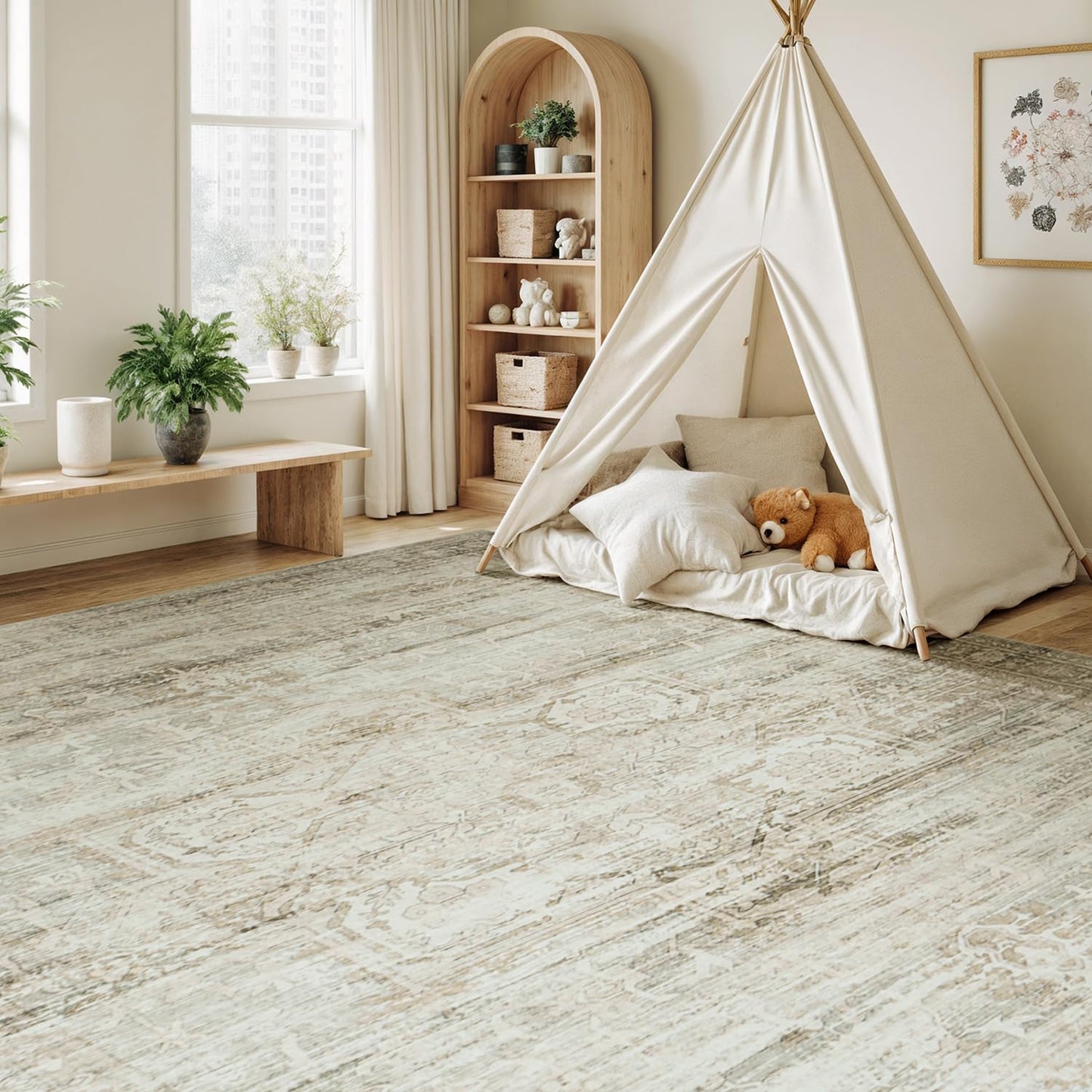 Carpelux Washable Large Area Rugs 8x10 for Living Room Bedroom Dining Room, Luxury Cozy Neutral Retro Distressed Stain Resistant Beige Rug, Soft Faux Wool Non Slip Indoor Foldable Carpets