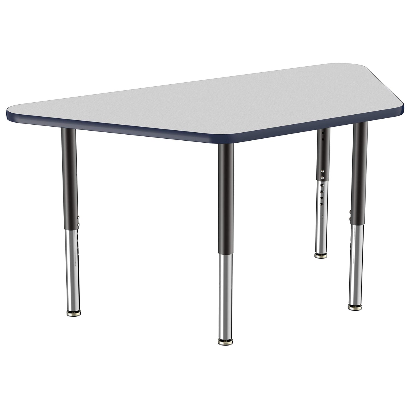 FDP Mobile Trapezoid Activity School and Office Table (30 x 60 inch), Super Legs with Glides and Casters for Collaborative Environments, Adjustable Height 19-30 inches - Gray Top and Navy Edge