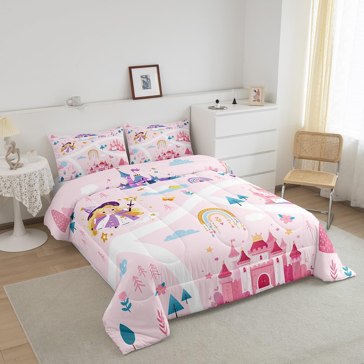 Feelyou Kids Princess Duvet Insert Queen Size, Girls Dreamy Magic Castle Comforter Set Boys Girls for Cartoon Rainbow Bedding Set Fairytale Teens Bedroom Decor with 2 Pillow Case