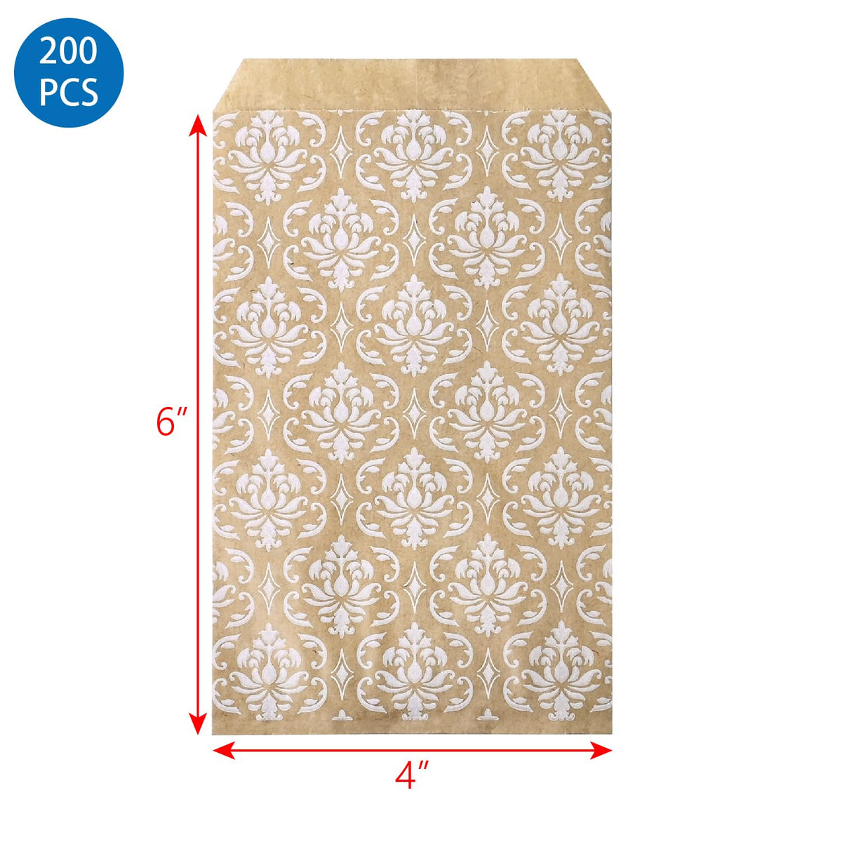 MOOCA 200 Pcs Damask Kraft Paper Gift Bags - Bulk, Small Business, Jewelry, Candy, Popcorn, Cookie & Treat Bags - 4 W x 6 H in - Kraft with White Damask