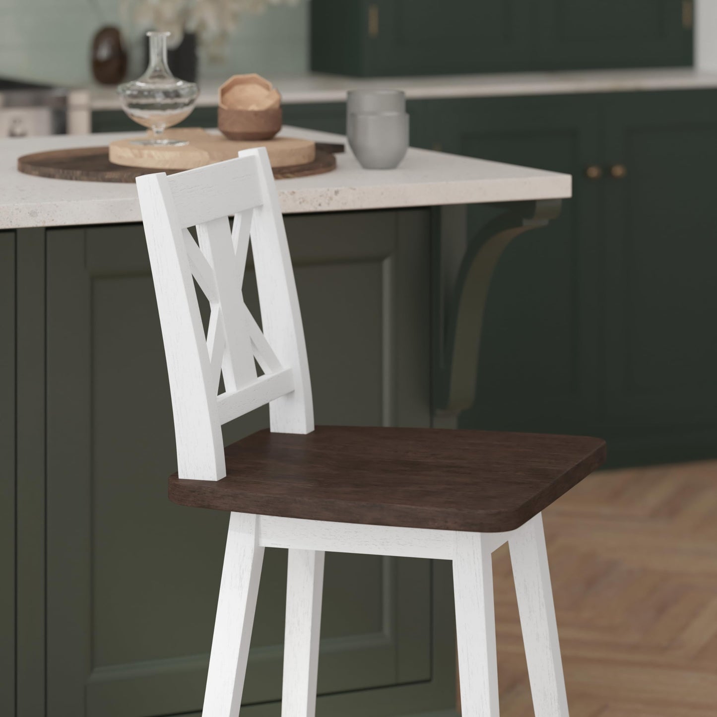 Flash Furniture Gwendolyn Commercial Modern Farmhouse Barstool - Antique White Wash Frame - Gray Wash Seat - Counter Height - 360° Swivel Seat - Integrated Footrest