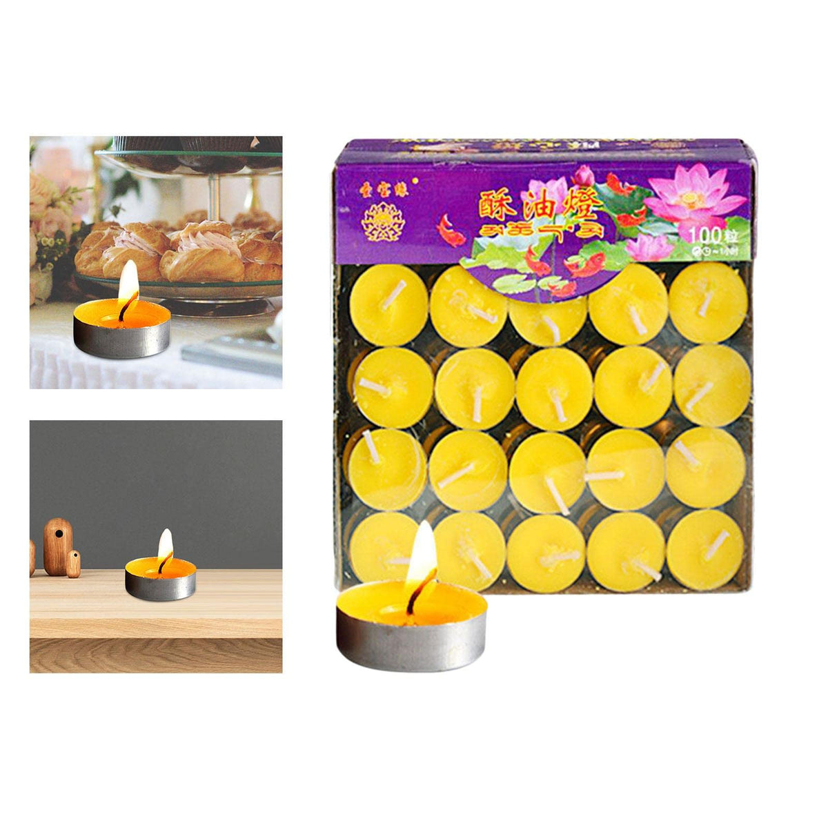 Gcljlmy 100x Smokeless Round Candles 1H Long Burning Tea Light Tibetan Buddhist Church Tealight Ghee Butter Lamp Candles for Wedding Meditation Rituals Altars (Yellow)