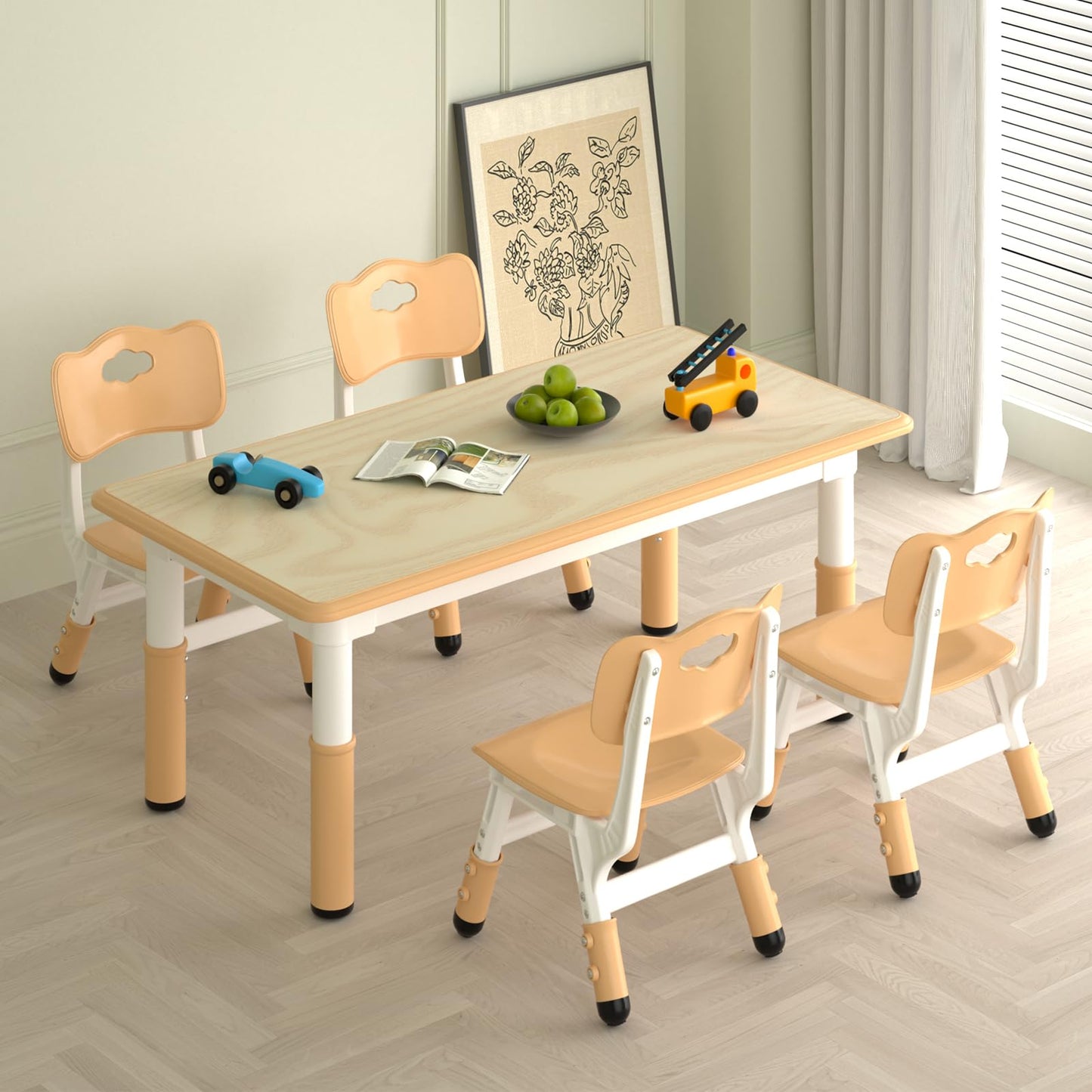 LulliSpace Kids Study Table and 4 Chairs Set,Height Adjustable Table and Chairs for Children and Toddlers,47.2"X23.6"Graffiti Desktop,Suitable for Daycare,Classrooms, Home