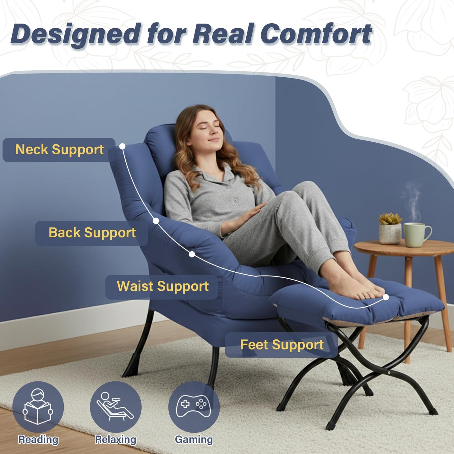 Givjoy Lazy Chair and Ottoman, Peach Blue Large Accent Chair with Side Pocket, Modern Leisure Upholstered Sofa Reading Armchair with Footrest for Office, Bedroom, Living Room, Dorm Rooms, Balcony