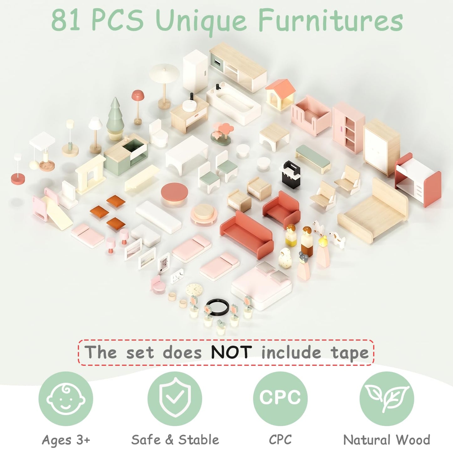 Fabuday Modern Wooden Dollhouse for Kids Girls - 8 Rooms Doll House Playset, DIY Pretend Toy Play Houses Kits with 81 Pcs Furniture Accessories, Dolls & Pets, Gift for Toddlers Ages 3+