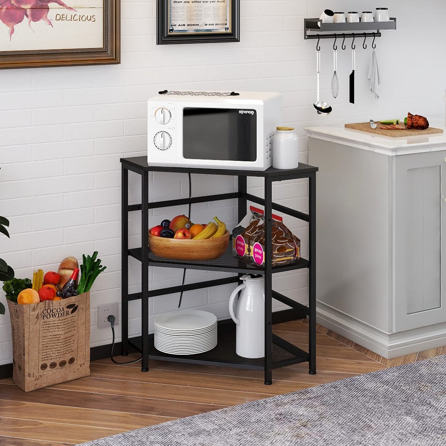 VEDECASA Corner Printer Stand Table with Power Outlet Charging Plugs USB Port Adjustable Storage Shelf Computer Tower CPU Stand Holder for Home Office (Black)