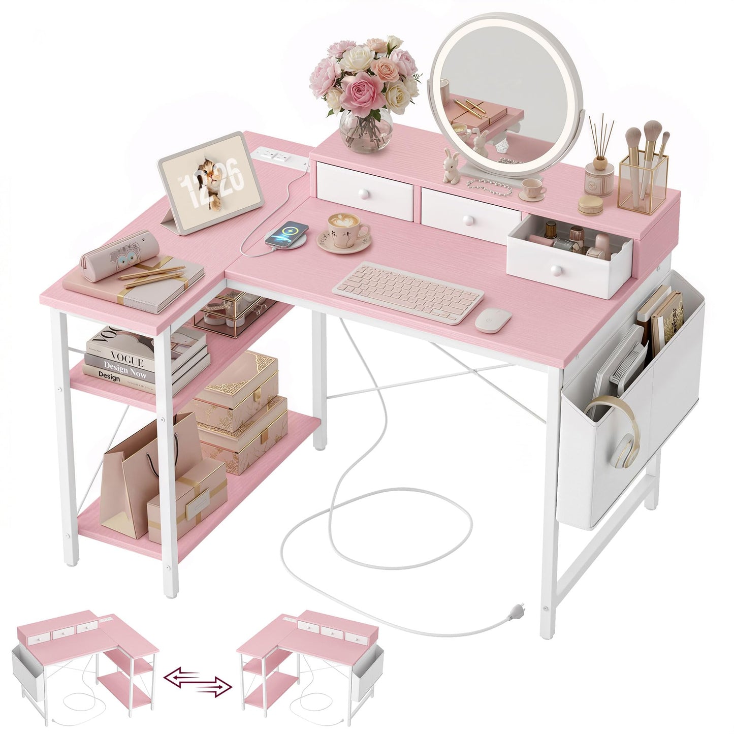 TIQLAB 40 Inch L Shaped Computer Desk with 3 Drawers & Power Outlets, Small Corner Desk with Reversible Shelves, Vanity Kids Writing PC Desk for Bedroom Home Office, Study Table for Girls, Pink