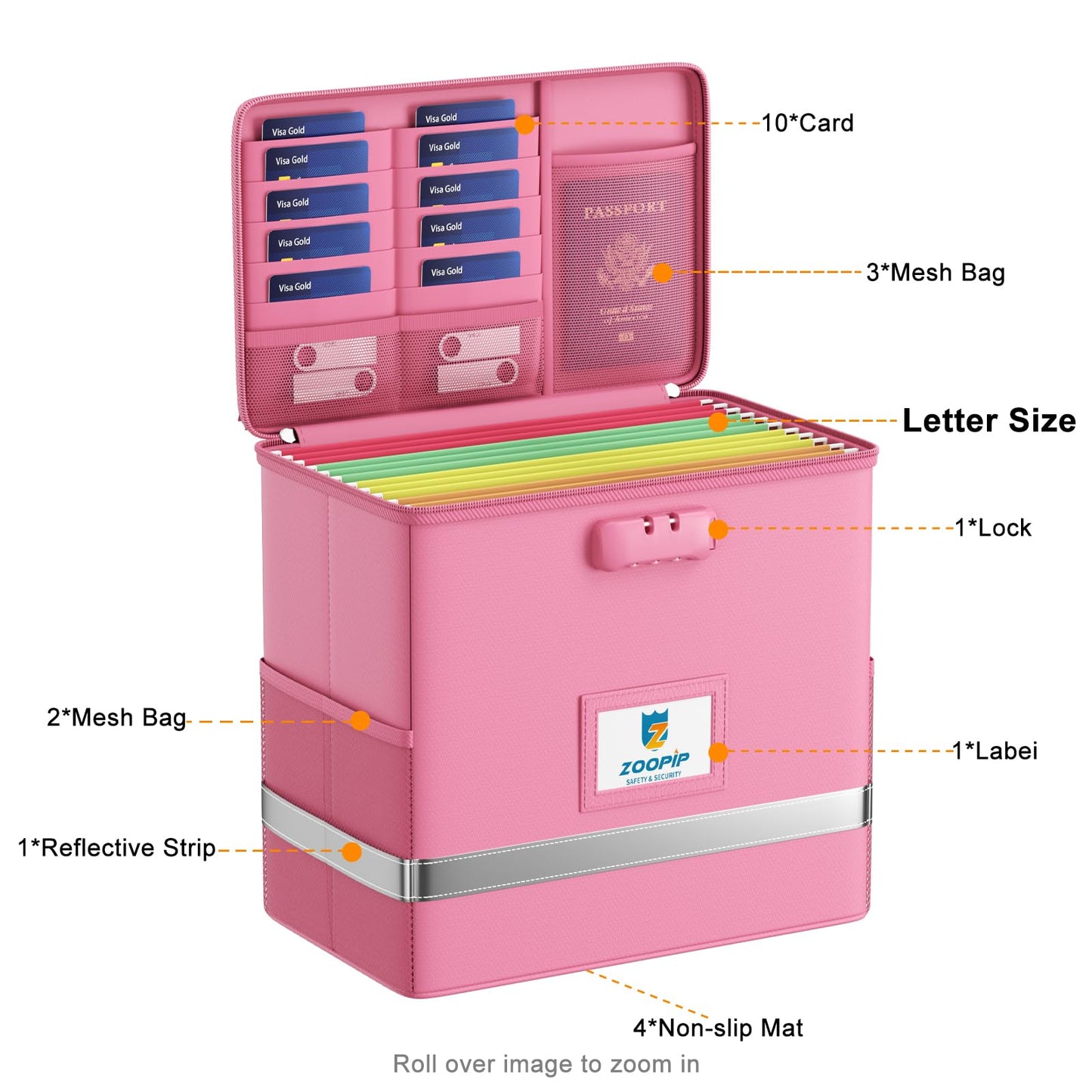 ZOOPIP Fireproof File Box with Lock, Document Box Storage Organizer, Suitable for Hanging File Folders in Letter Size, Collapsible File Box, Reflective Strip for Fast Find (12.2"*6"*10.2, Pink)
