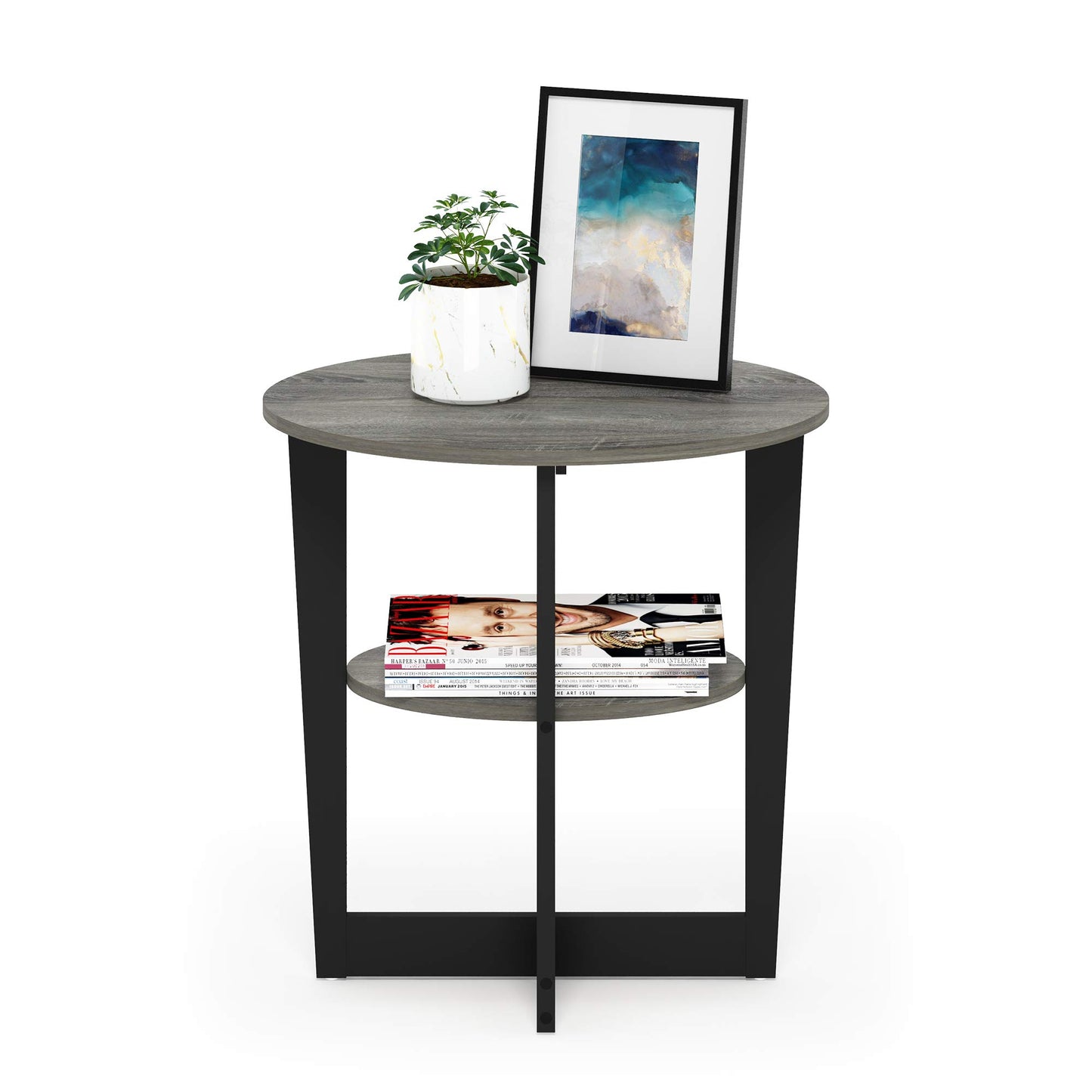 Furinno JAYA Side Table, 2-Tier Round Modern End Table with Oval Tabletop, Night Stand, Bedside Table with Open Shelf, for Living Room, Bedroom, French Oak