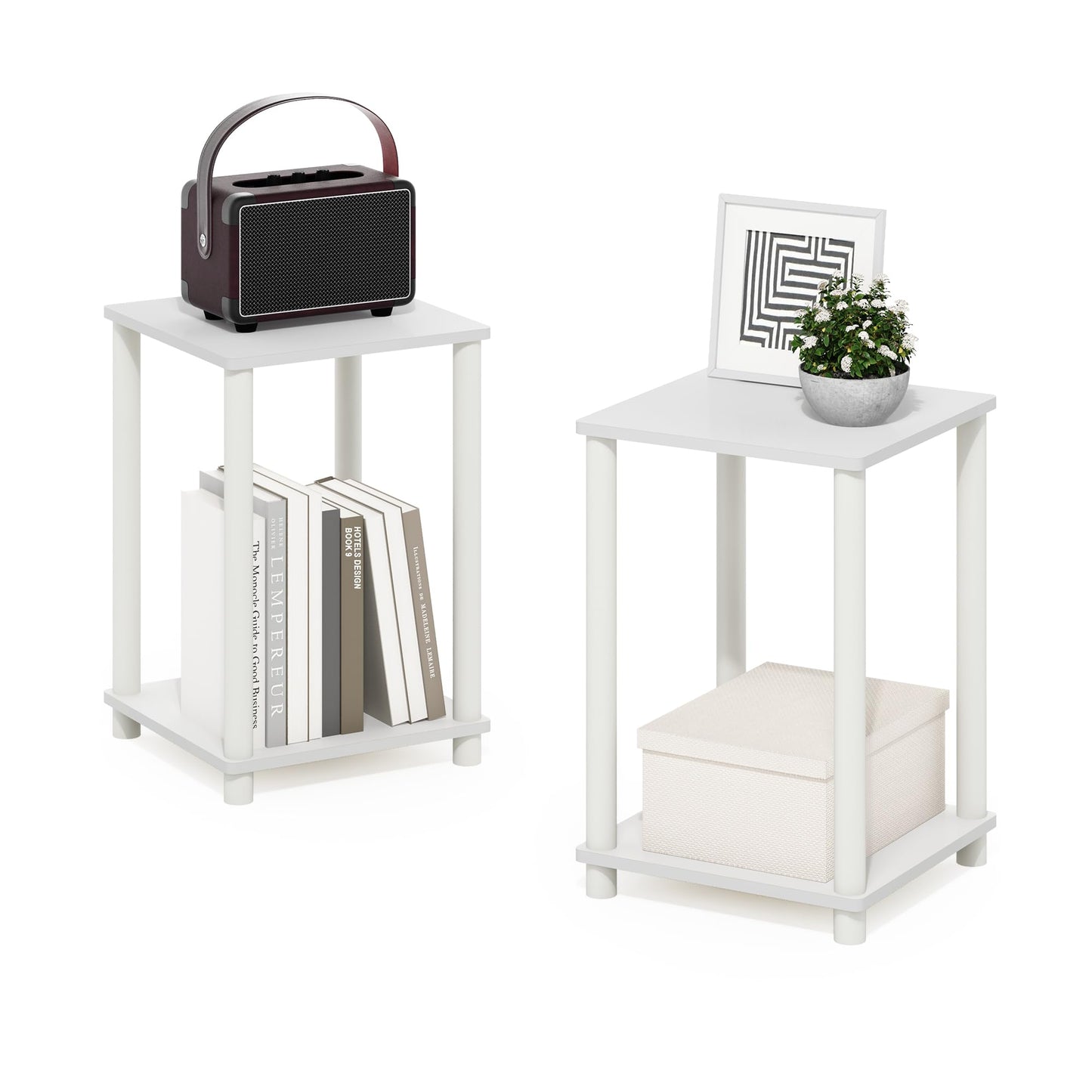 Furinno Turn-N-Tube Side Table Set of 2, 2-Tier Stackable Modern End Table with Open Shelf, Toolless Night Stand, Bedside Table, for Living Room, Bedroom, White