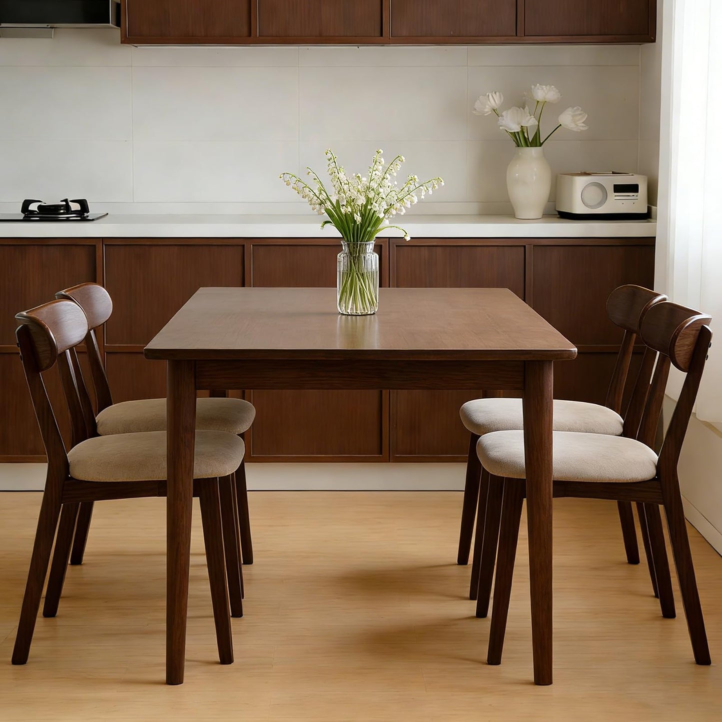 Walnut Dining Chairs Set of 2 – 400 lb Capacity Heavy Duty, Mid Century Modern Wooden Curved Back & Upholstered Seat, Solid Oak Wood, Armless for Dining Room, Kitchen, Breakfast Nook, Small Space