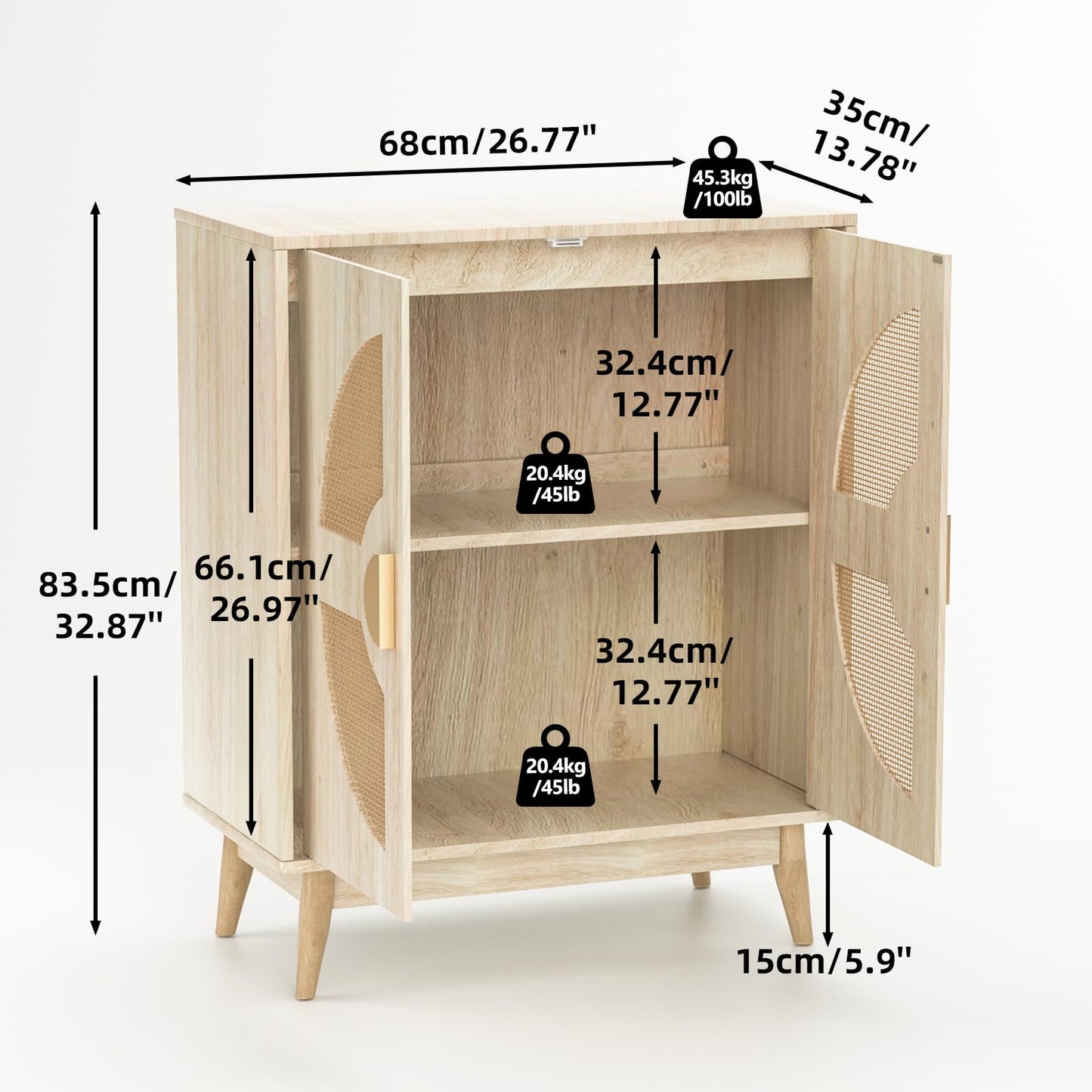 TOOBVEST Buffet Cabinet with Storage Sideboard Accent Modern Credenza with Doors & Shelves 32.9" Rattan Media Console Mid Century Coffee Bar Table for Living Room Kitchen Dining Room Hallway