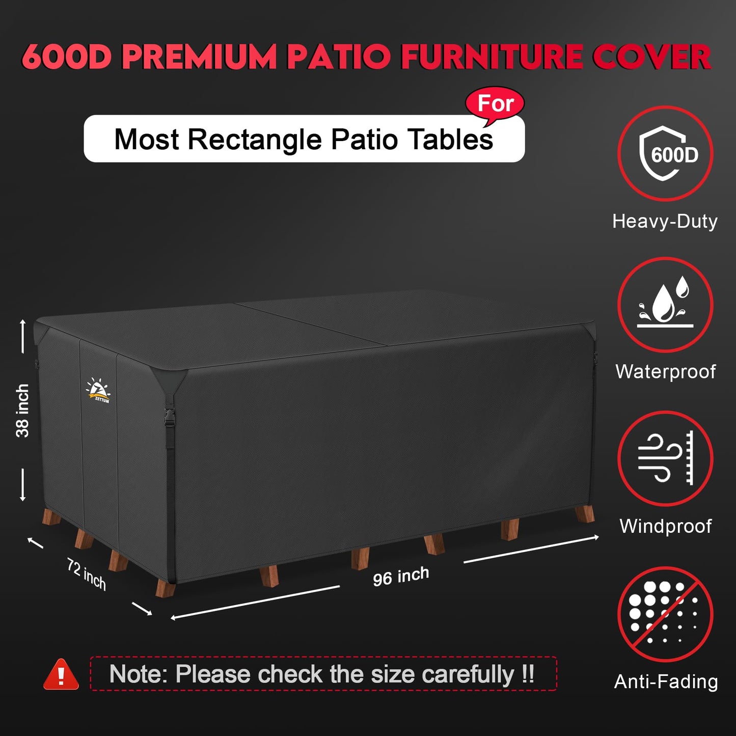 Zettum Patio Furniture Cover Rectangle - 600D Outdoor Table Cover Waterproof & Heavy Duty, Lawn Furniture Set Covers for Outside Rectangular Dining Table and Chairs Seating Combo - 96 x 72 x 38 Inch