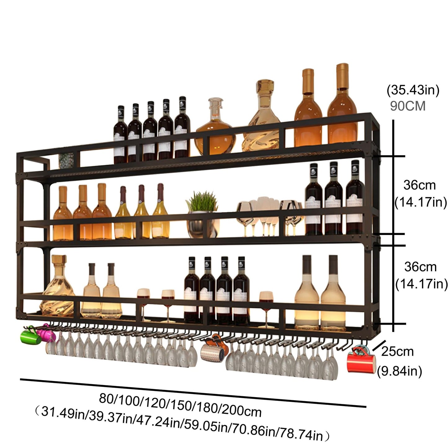 LWJQRSP Wall Mounted Wine Rack with LED LightFloating Bar Shelf for Liquor & Wine Bottle DisplayHanging Glass Rack Kitchen StorageHome Bar & Cafe Furniture (Black)