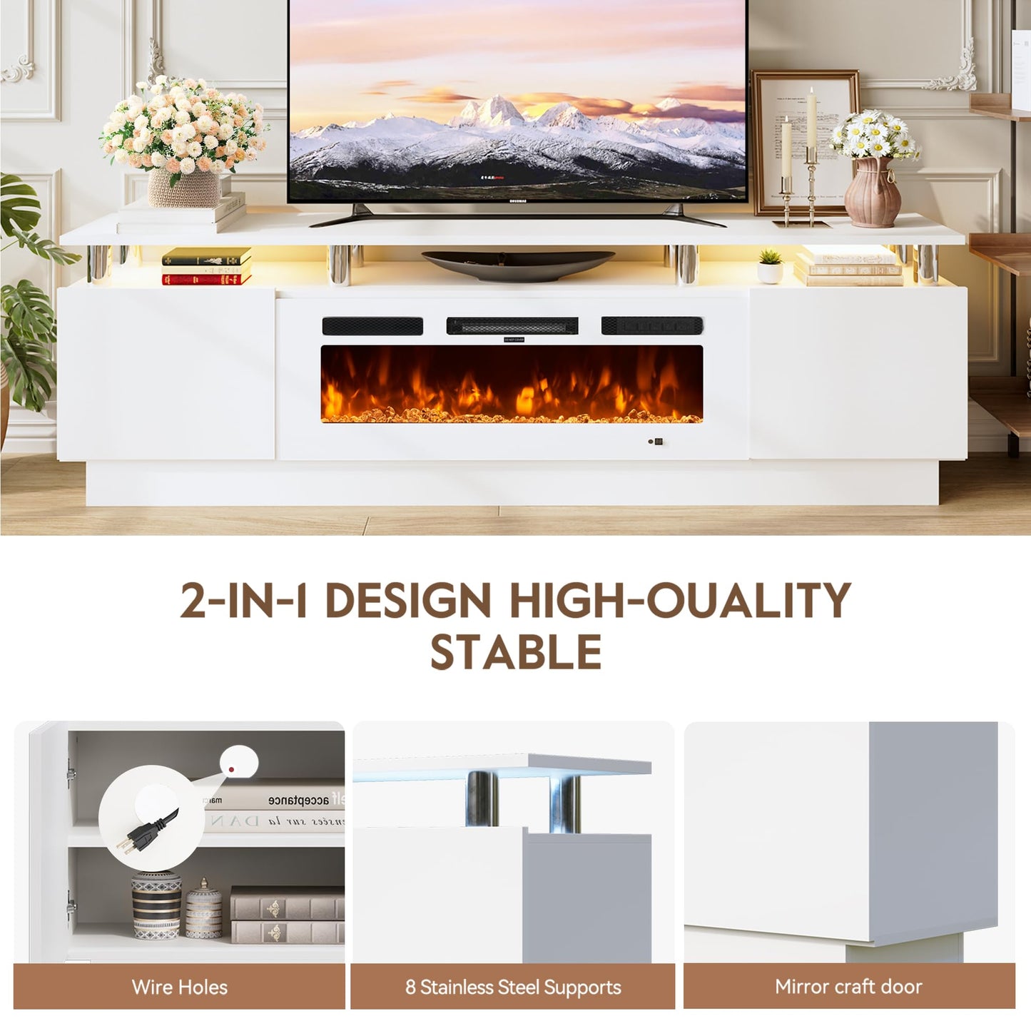 OneBlis 70" Fireplace TV Stand for TVs UP to 80", Electric Fireplace Entertainment Center with LED Lights & Storage Cabinets, TV Console for Living Room, Office, White-White