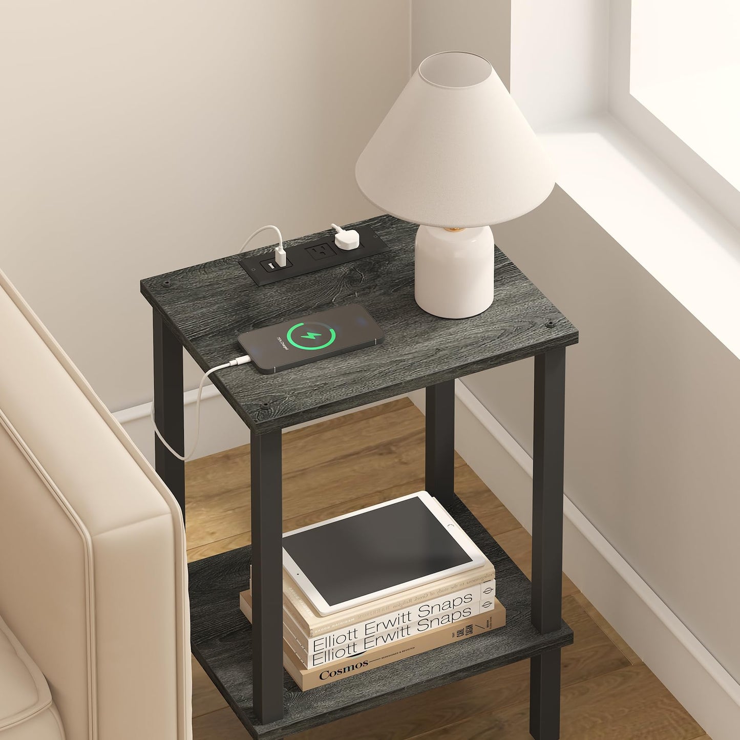 TUTOTAK End Table with Charging Station, Small Side Table with Outlets, Nightstand Bedside Table, 2-Tier Storage Shelf for Small Space, Living Room, Bedroom, Charcoal Grey TB01BY040