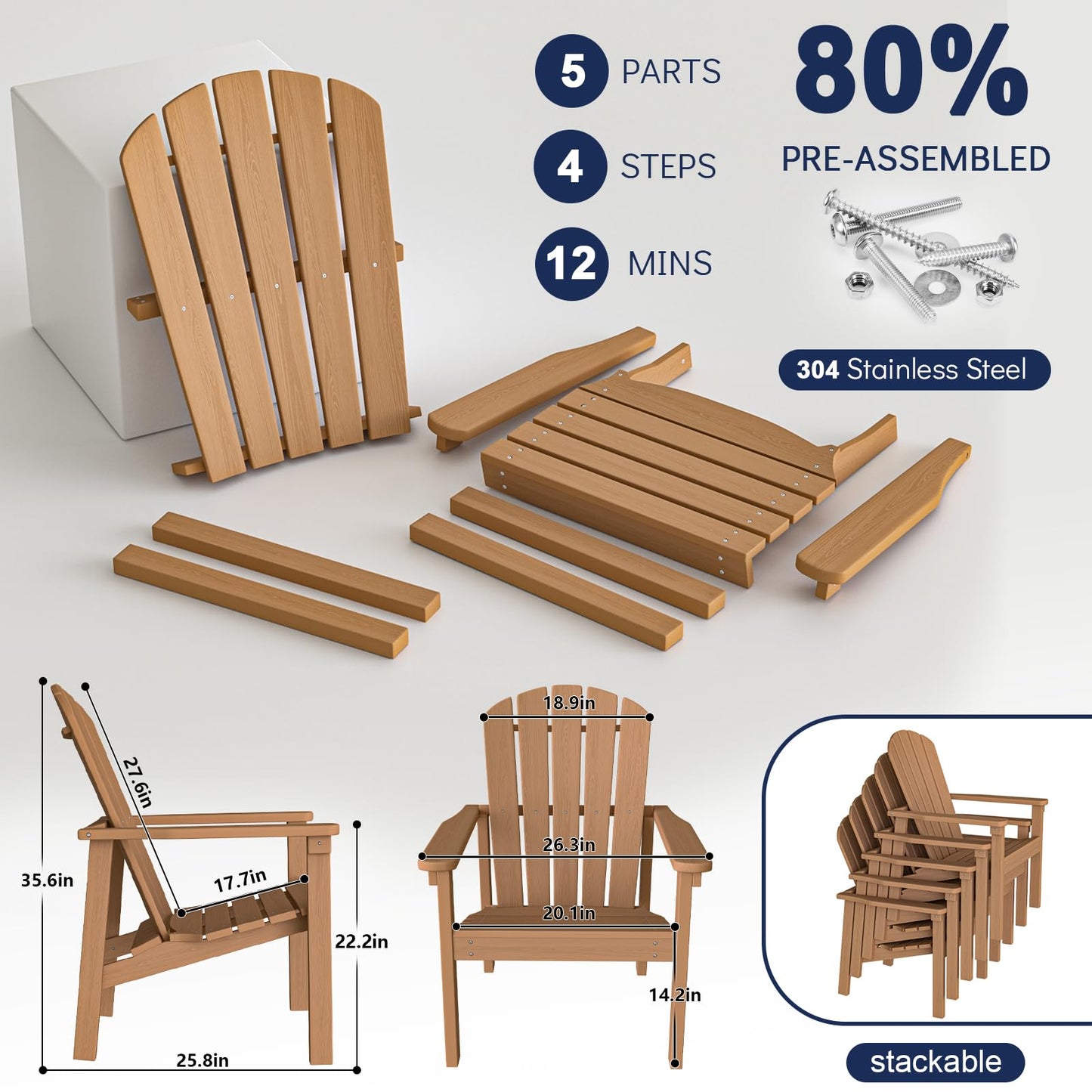 nevilywood Compact Stackable Adirondack Chairs,All Weather HDPE,380lb,Teak